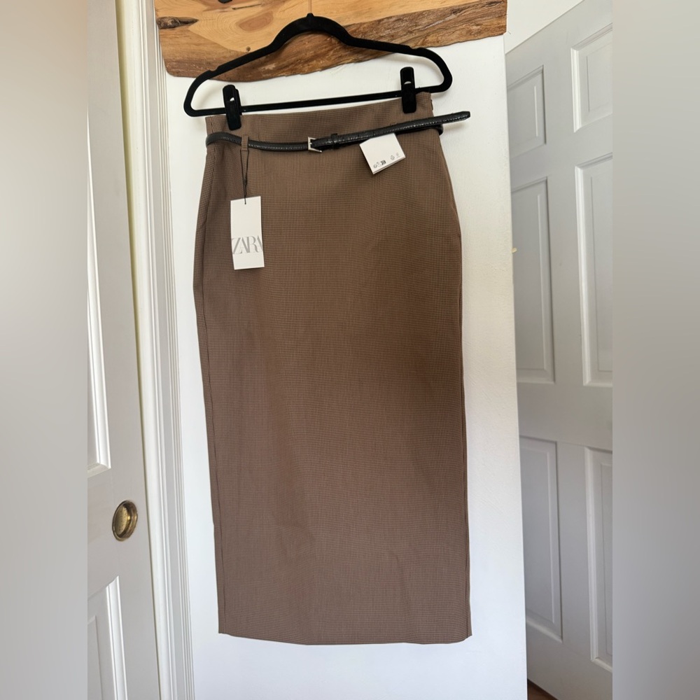 Zara Brown Plaid Long Pencil Belted Skirt